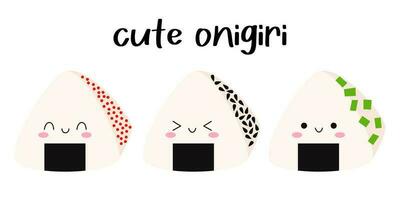reeks schattig onigiri met glimlachen gezicht en roze wangen. kawaii onigiri. Japans traditioneel keuken borden. vector tekenfilm vlak illustratie.