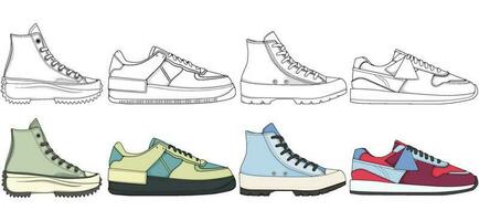 reeks van schoenen sneaker tekening vector, sportschoenen getrokken in een schetsen stijl, bundelen sportschoenen trainers sjabloon, vector illustratie.