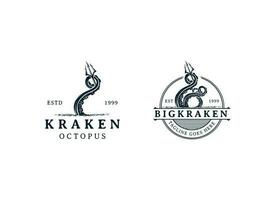 kraken Octopus drietand hipster wijnoogst logo vector icoon illustratie