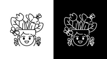 gelukkig vrouw met bloem en vlinder schets tekening icoon knop ontwerp vector