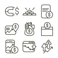 beurs financiële zaken economie geld pictogrammen instellen lijn stijlicoon vector
