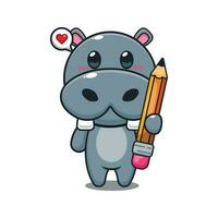 nijlpaard Holding potlood tekenfilm vector illustratie.