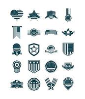 gelukkige dag van de onafhankelijkheid Amerikaanse vlag nationale vrijheid patriottisme pictogrammen instellen silhouet stijl silhouette vector
