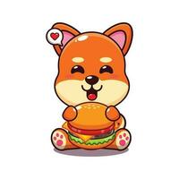 schattig shiba inu met hamburger tekenfilm vector illustratie.