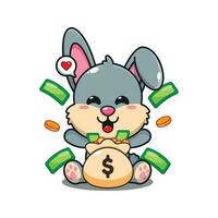schattig konijn met geld zak tekenfilm vector illustratie.