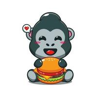 gorilla met hamburger tekenfilm vector illustratie.