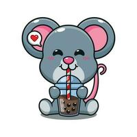 schattig muis drinken boba melk thee tekenfilm vector illustratie.