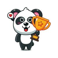 schattig panda Holding goud trofee kop tekenfilm vector illustratie.
