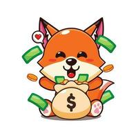 schattig vos met geld zak tekenfilm vector illustratie.