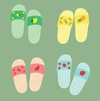 reeks van 4 fruit slippers vlak vector in pastel kleur. huis slippers illustratie. schattig binnen- pantoffel icoon.