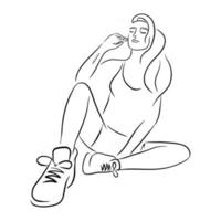 minimalistische zwarte lijnen tekening van zittende vrouw in sneakers vector