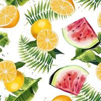 naadloos patroon met tropische bladeren, watermeloenen en sinaasappels vector
