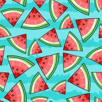 naadloos patroon met stukjes watermeloen op blauwe streepachtergrond vector