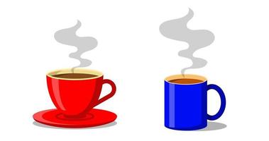 rode en blauwe kopje koffie of thee kopjes met rook die omhoog drijft. vlakke stijl decoratief ontwerp voor cafetaria posters banners kaarten vector