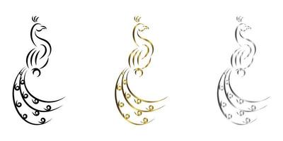 drie kleuren zwart goud zilver lijn kunst vectorillustratie op een witte achtergrond van een pauw geschikt voor het maken van logo