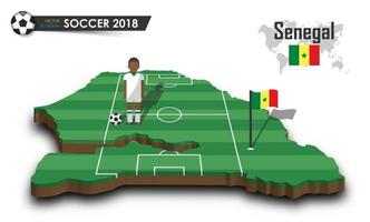 Senegal voetbalelftal voetballer en vlag op 3d ontwerp land kaart geïsoleerde achtergrond vector voor internationale wereldkampioenschap toernooi 2018 concept