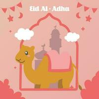 heilig eid al adha mubarak schattig banier tekenfilm tekening. Islamitisch en Arabisch groet folder voor moslim gemeenschap festival grafisch afdrukken vector