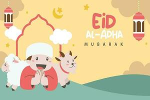 heilig eid al adha mubarak schattig banier tekenfilm tekening. Islamitisch en Arabisch groet folder voor moslim gemeenschap festival grafisch afdrukken vector