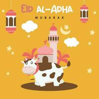 heilig eid al adha mubarak schattig banier tekenfilm tekening. Islamitisch en Arabisch groet folder voor moslim gemeenschap festival grafisch afdrukken vector