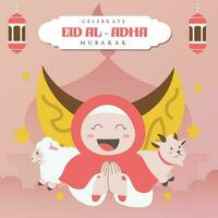 heilig eid al adha mubarak schattig banier tekenfilm tekening. Islamitisch en Arabisch groet folder voor moslim gemeenschap festival grafisch afdrukken vector