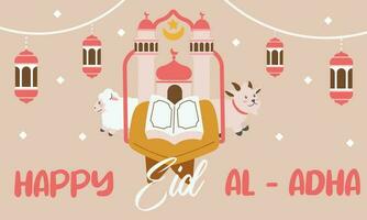 heilig eid al adha mubarak schattig banier tekenfilm tekening. Islamitisch en Arabisch groet folder voor moslim gemeenschap festival grafisch afdrukken vector