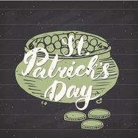 happy st patrick's day vintage wenskaart hand belettering op kabouter pot met gouden munten silhouet, Ierse vakantie grunge getextureerde retro design vectorillustratie op schoolbord. vector