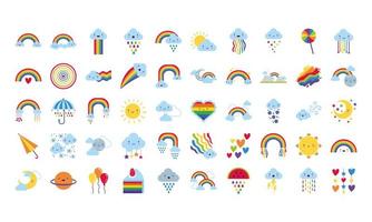 bundel van vijftig pictogrammen met regenbogen en kawaii-personages vector