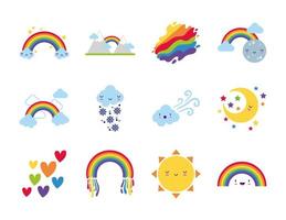 bundel van twaalf pictogrammen met regenbogen en kawaii-personages vector