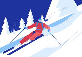 Skiër skiën bergaf op besneeuwde berg Vector vlakke afbeelding