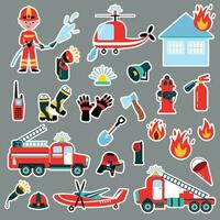 brandweer stickers set. getrokken stijl. brandweerman, brand vrachtwagens, helikopter, vlak, helm, zaklamp, huis, brand. vector