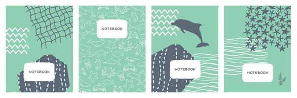abstract vector covers set met zee oceaan motieven en dieren geometrische platte achtergrond ontwerp illustratie voor notebooks planners brochures boeken catalogi
