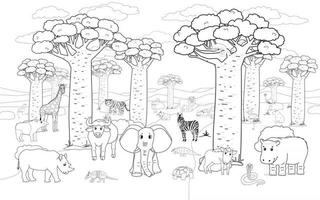 zwart wit afrikaanse madagascar baobab avenue met dieren vector schets doodle cartoon handgetekende landschap met tijger leeuw neushoorn olifant giraffe krokodil kameleon zebra voor kleurboek