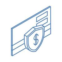 isometrische geld contant geld valuta bank creditcard bescherming geïsoleerd op een witte achtergrond lineaire blauwe icon vector