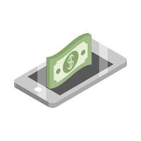 isometrisch geld contant geld valuta smartphone applicatie bankieren geïsoleerd op een witte achtergrond platte icon vector