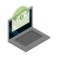 isometrisch geld contant geld valuta laptop bankbiljet investering geïsoleerd op een witte achtergrond platte icon vector