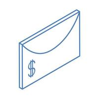 isometrisch geld contant geld valuta envelop financiële geïsoleerd op witte achtergrond lineaire blauwe icon vector