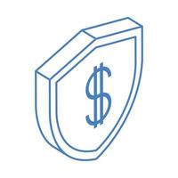 isometrisch geld contant geld valuta besparing bescherming investering geïsoleerd op een witte achtergrond lineaire blauwe icon vector