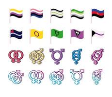 bundel geslachtssymbolen van seksuele geaardheid en vlaggen met meerdere stijliconen vector