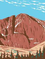 Longs Peak in het noordelijke frontbereik van de Rockies of Rocky Mountains in de wildernis van het Rocky Mountain National Park in Colorado WPA-posterkunst vector