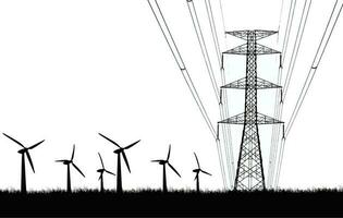 vector illustratie van hoog Spanning torens en wind turbines Aan een wit achtergrond. schoon energie concept