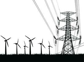 vector illustratie van hoog Spanning torens en wind turbines Aan een wit achtergrond. schoon energie concept
