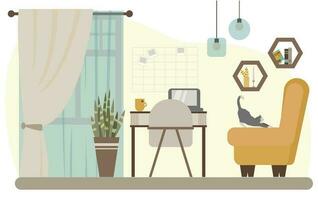 interieur van werken kabinet met meubilair en accessoires, kat, fauteuil, en fabriek. ontwerp van leven kamer. vector illustratie in vlak stijl