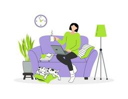 online onderwijs of werk van huis concept. de meisje is zittend Aan de sofa met een laptop en drinken heet thee. online cursussen, freelancen, e-leren. vector geïsoleerd vlak illustratie
