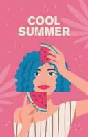 koel zomer. zomer, vakantie, zee. vrouw met plakjes van watermeloen. vector illustratie in een minimalistisch stijl, poster