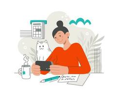 vrouw in een online vergadering via smartphone. kat. de concept van online studie of bedrijf ontmoeting. vector vlak illustratie in modern stijl