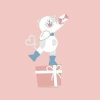 schattig en lief kat met geschenk en liefde brief, gelukkig Valentijnsdag dag, verjaardag, liefde concept, vlak vector illustratie tekenfilm karakter ontwerp geïsoleerd