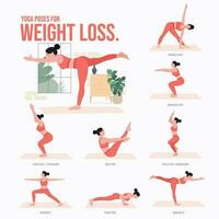 yoga poses voor gewicht verlies. jong vrouw beoefenen yoga houding. vrouw training fitheid, aëroob en opdrachten vector