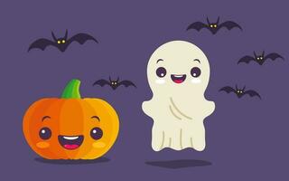 vector reeks illustratie van kinderen in kostuums voor halloween. pompoen, geest en vleermuizen.