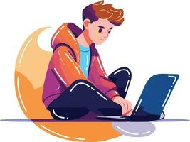 hand- getrokken jongen zittend en gebruik makend van laptop in vlak stijl vector