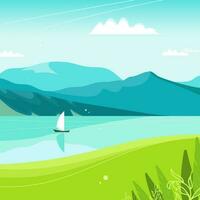 mooi zomer landschap. bergen en water. blauw lucht met wolken. azuur spiegel water oppervlakte van meer rivier- en bergen. wit zeilboot. illustratie voor achtergrond, website, affiches, ansichtkaarten. vector